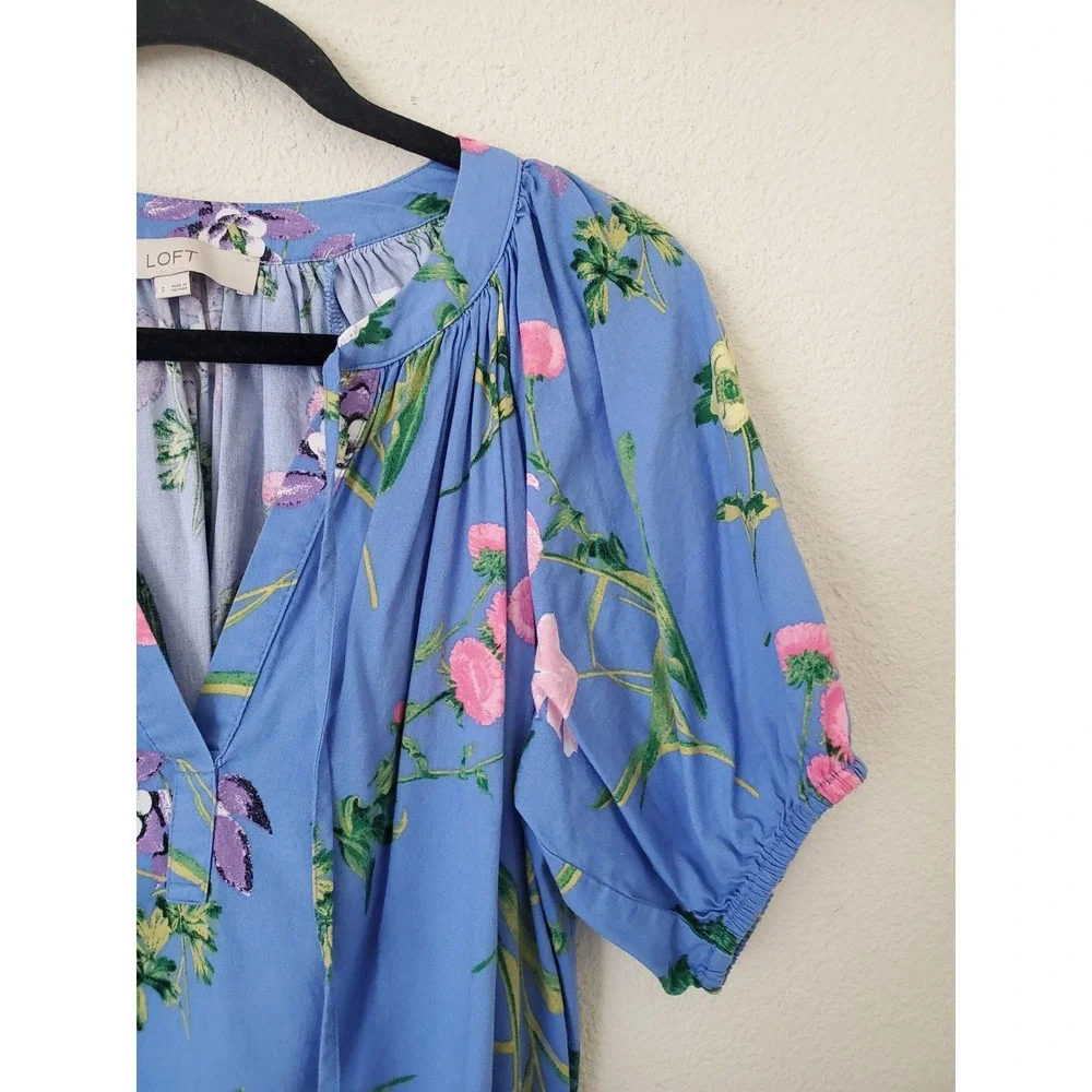 LOFT Womens Blue Floral Puff Short Sleeve Split Tie‎ Neck Cotton Blouse Small